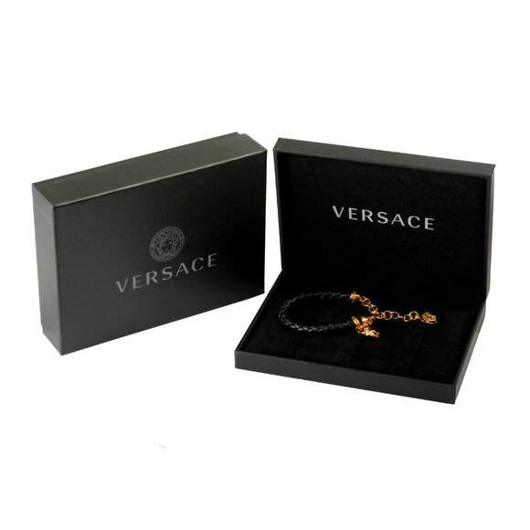Versace Black Braided Leather Gold Color Medusa Head Charm Adjustable Bracelet - Picture 4 of 4